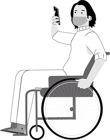 illustration de une personne handicapée en fauteuil roulant à l'aide de navilens sur smartphone